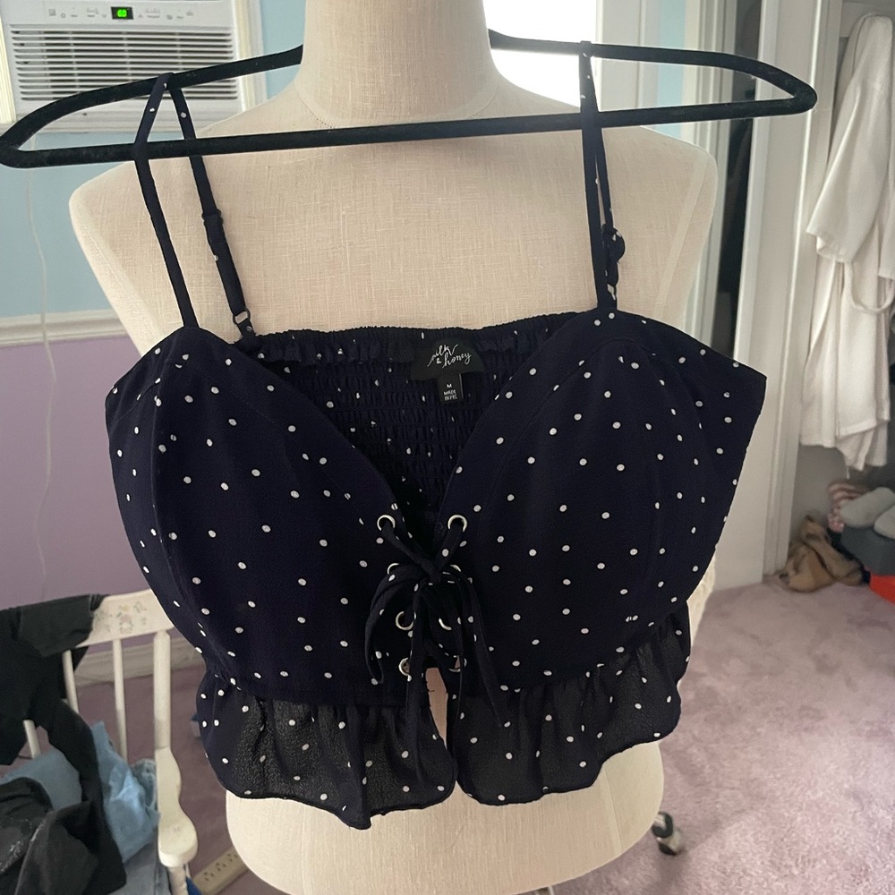 Blue Tie Front Crop Camisole